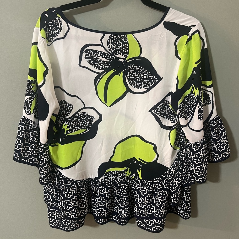 KAARI BLUE Vibrant Spring Floral Blouse, Modern Flair Ruffle Detail Top, Medium
